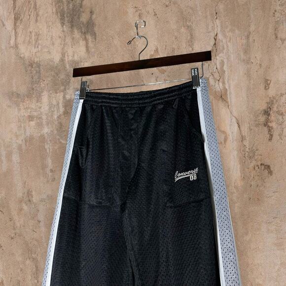 Vintage Converse Sweatpants Jet Black Polyester Mesh Grey White Relaxed Fit 90s - Picture 1 of 6